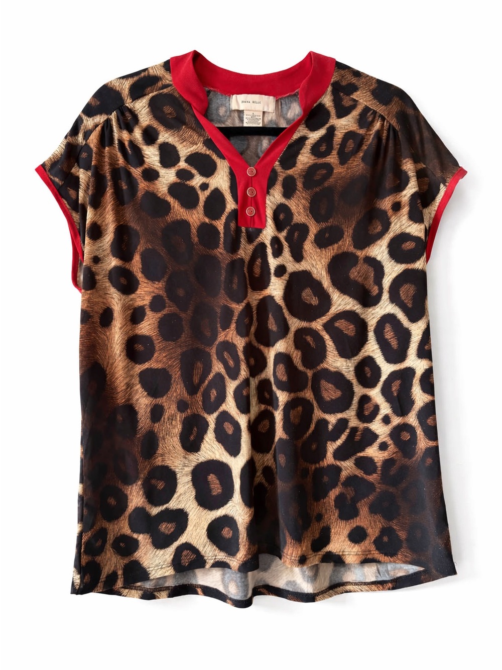 Diana Belle Leopard Print Short Sleeve Top with Red Trim Size Large